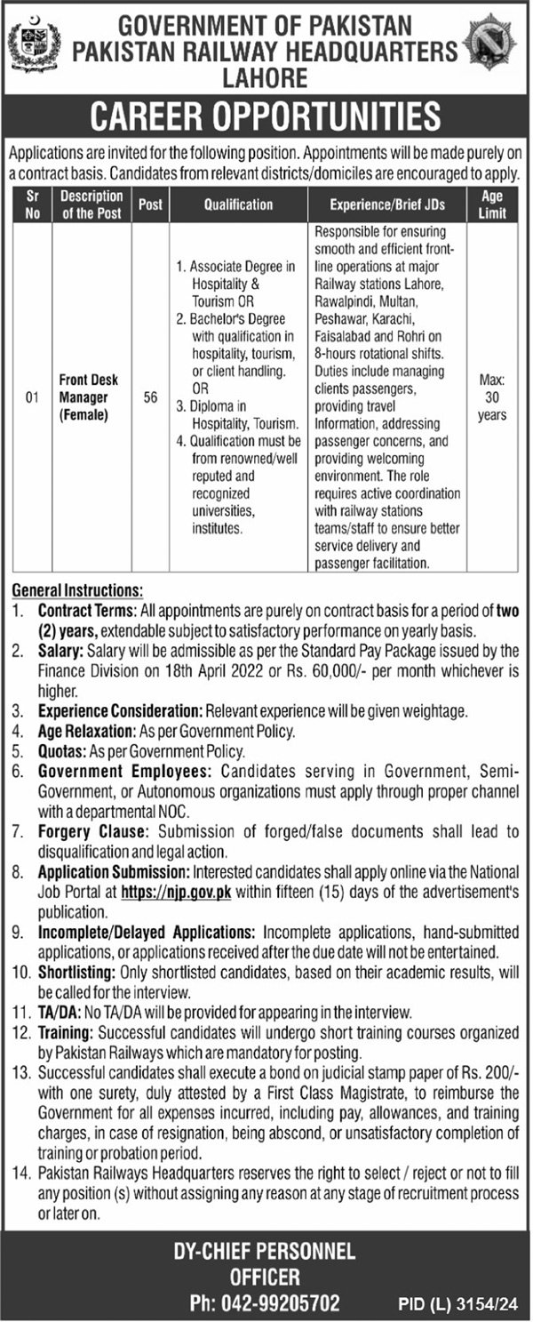 Pakistan Railways Headquarter Lahore Jobs 2025 – Ministry of Railways Islamabad Jobs 2025 — original advertisement
