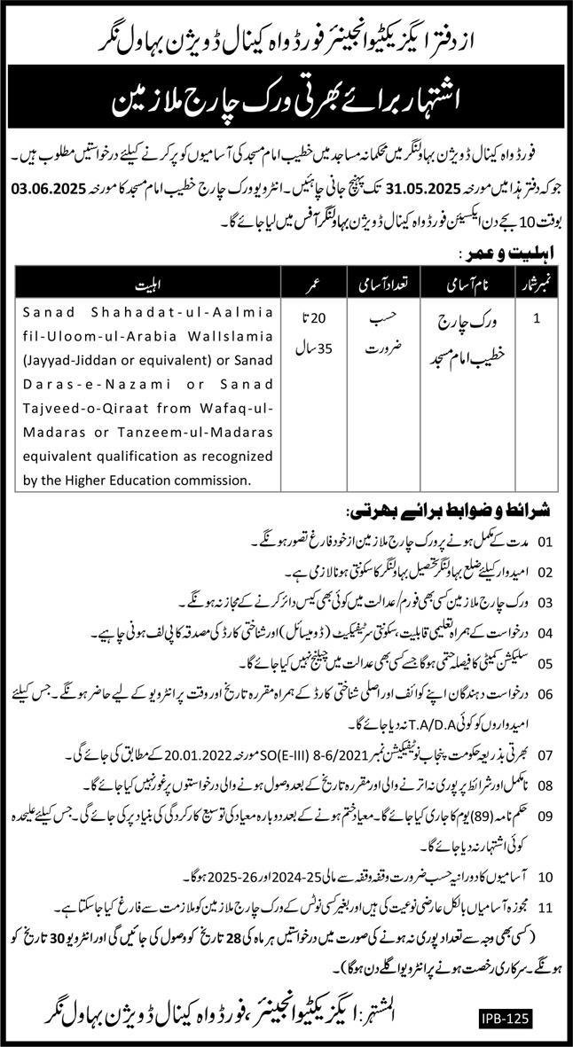 Ford Wah Canal Division Irrigation Department Jobs 2025 – Irrigation Department Punjab Jobs 2025 — original advertisement