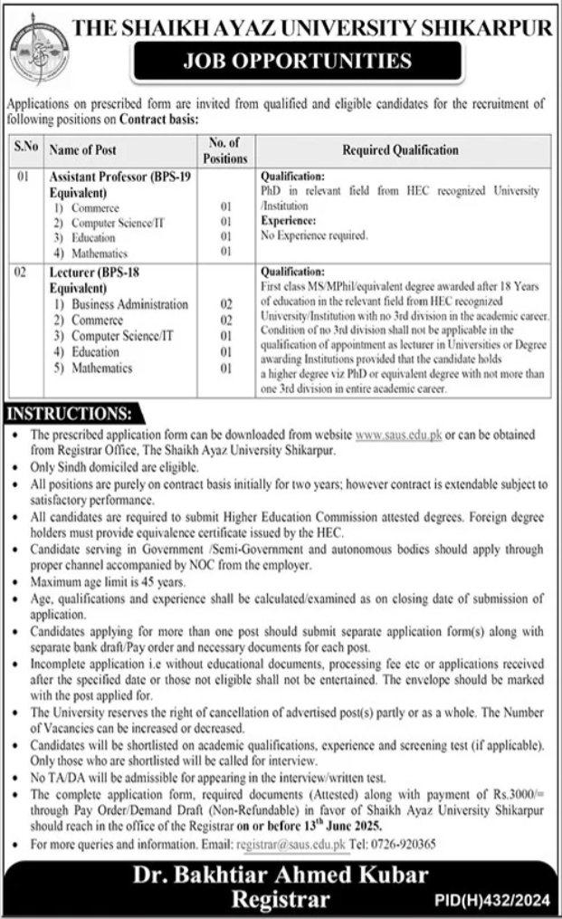 The Shaikh Ayaz University Shikharpur Jobs 2025 Jobs 2025 — original advertisement