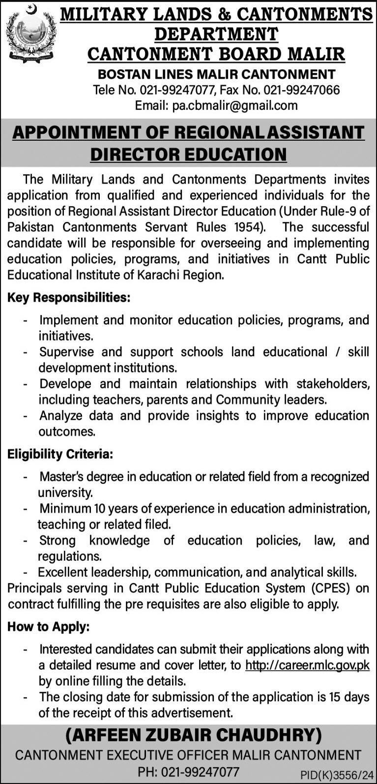 Military Lands & Cantonment Department Malir Jobs 2025 – Cantonment Board Jobs 2025 — original advertisement