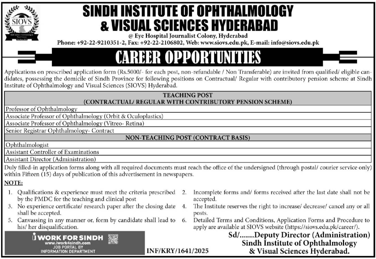 Sindh Institute of Ophthalmology & Visual Sciences SIOVS Job – Sindh Institute of Ophthalmology & Visual Sciences (SIOVS) Eye Hospital, Hyderabad Jobs 2025 — original advertisement