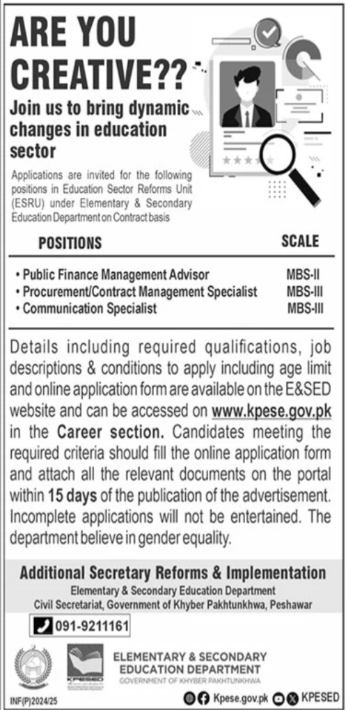 Elementary And Secondary Education Department ESED Jobs – Elementary & Secondary Education Department KPK Jobs 2025 — original advertisement