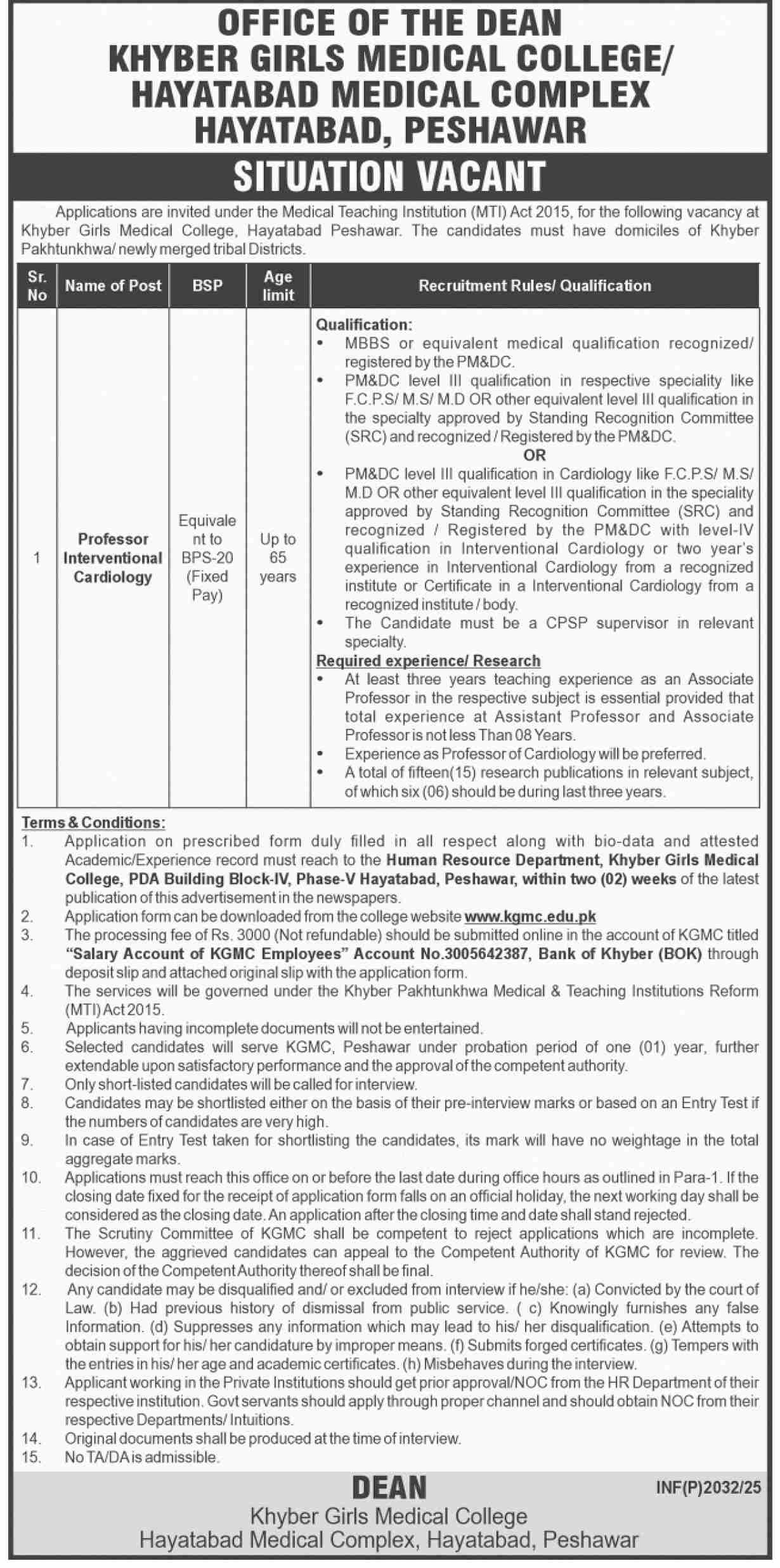 Khyber Girls Medical College Peshawar Job 2025 Jobs 2025 — original advertisement
