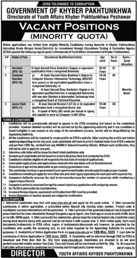 Directorate Of Youth Affairs Peshawar Jobs 2025 – Director of Education College Jobs 2025 — original advertisement
