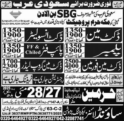 Plumber & Duct Insulator Jobs 2025 In Saudi Arabia – Sound Lines Recruiting Promotion Jobs 2025 — original advertisement