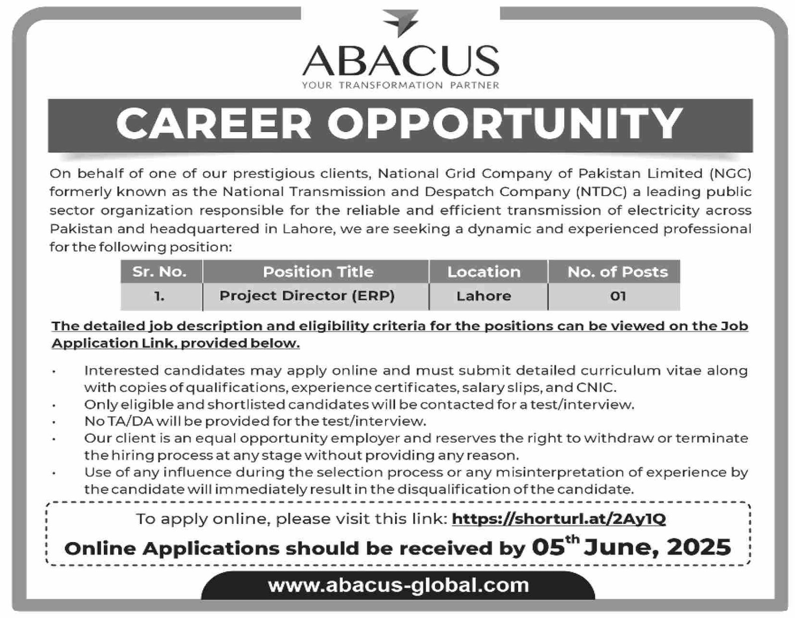 National Grid Company Of Pakistan NGC Jobs 2025 – Private Company Jobs 2025 — original advertisement