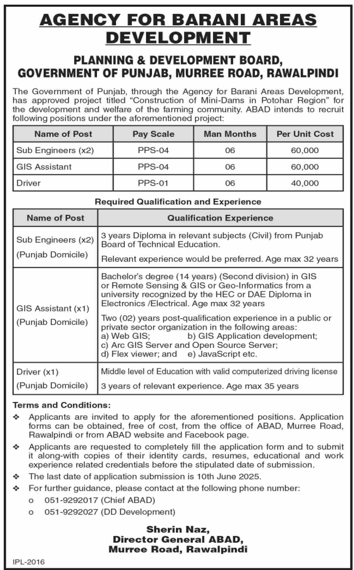Agency For Barani Areas Development ABAD Rawalpindi Jobs – Planning & Development Board Punjab Jobs 2025 — original advertisement
