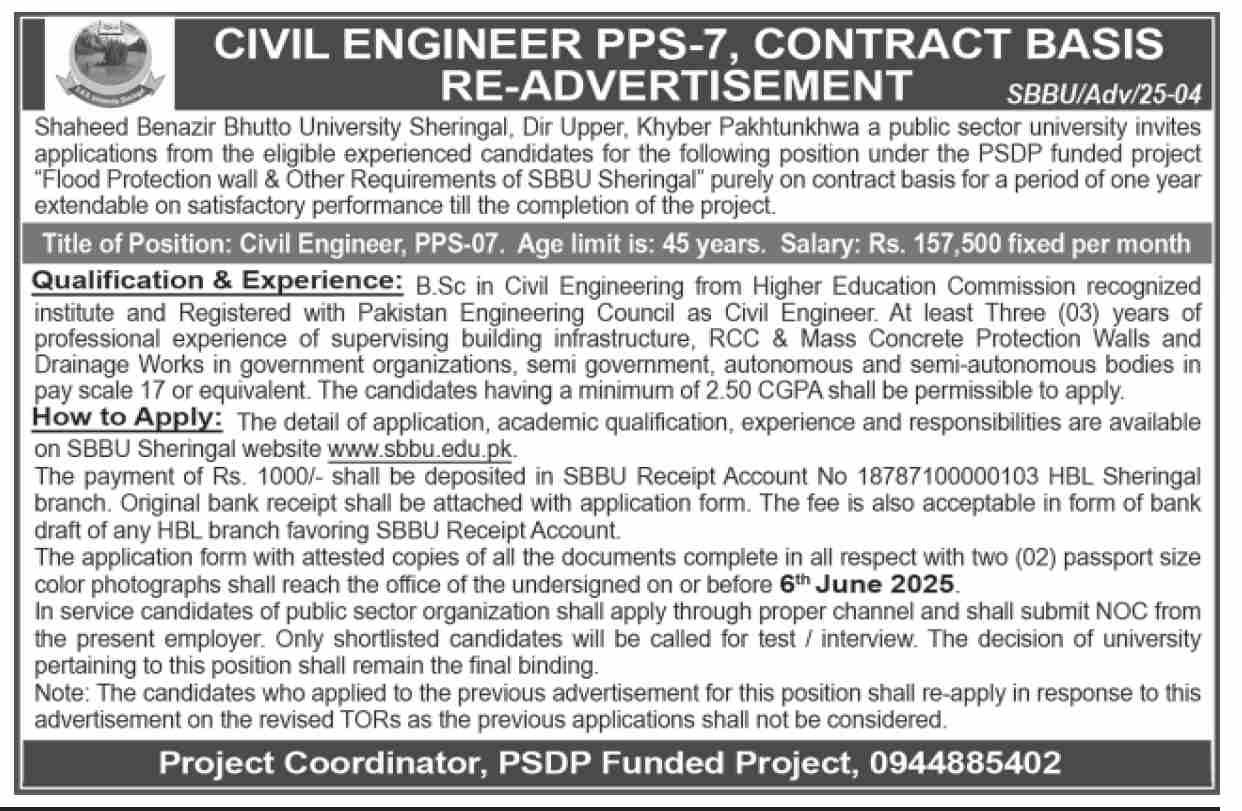 Shaheed Benazir Bhutto University SBBU Sheringal Jobs 2025 – Shaheed Mohtarma Benazir Bhutto Medical University Larkana Jobs 2025 — original advertisement