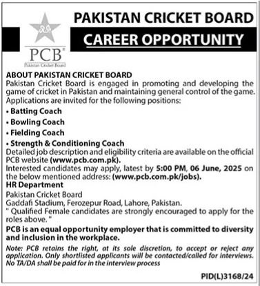 Pakistan Cricket Board PCB Jobs 2025 For Coaches – Pakistan Cricket Board (PCB) Jobs 2025 — original advertisement