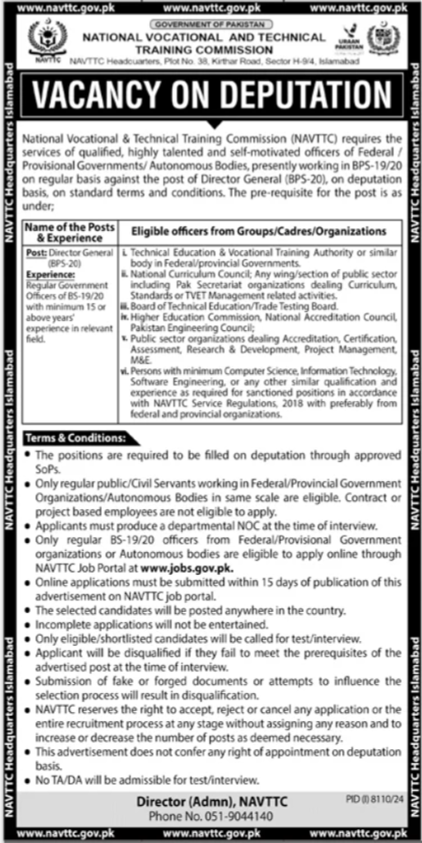 National Vocational & Technical Training Commission Job 2025 – National Vocational and Technical Training Commission NAVTTC Islamabad Jobs 2025 — original advertisement