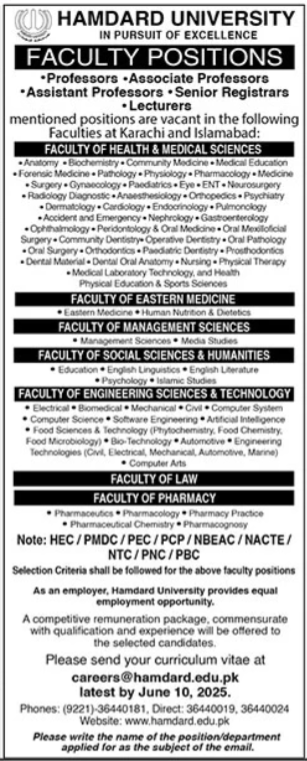 Hamdard University Karachi Jobs 2025 – Hamdard University Hospital Karachi Jobs 2025 — original advertisement