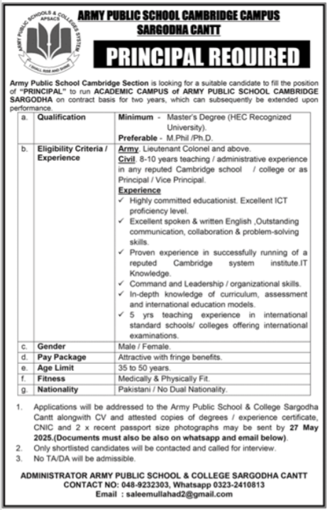 Army Public School Sargodha Cantt Job 2025 – Army Public School & College Paksitan Jobs 2025 — original advertisement