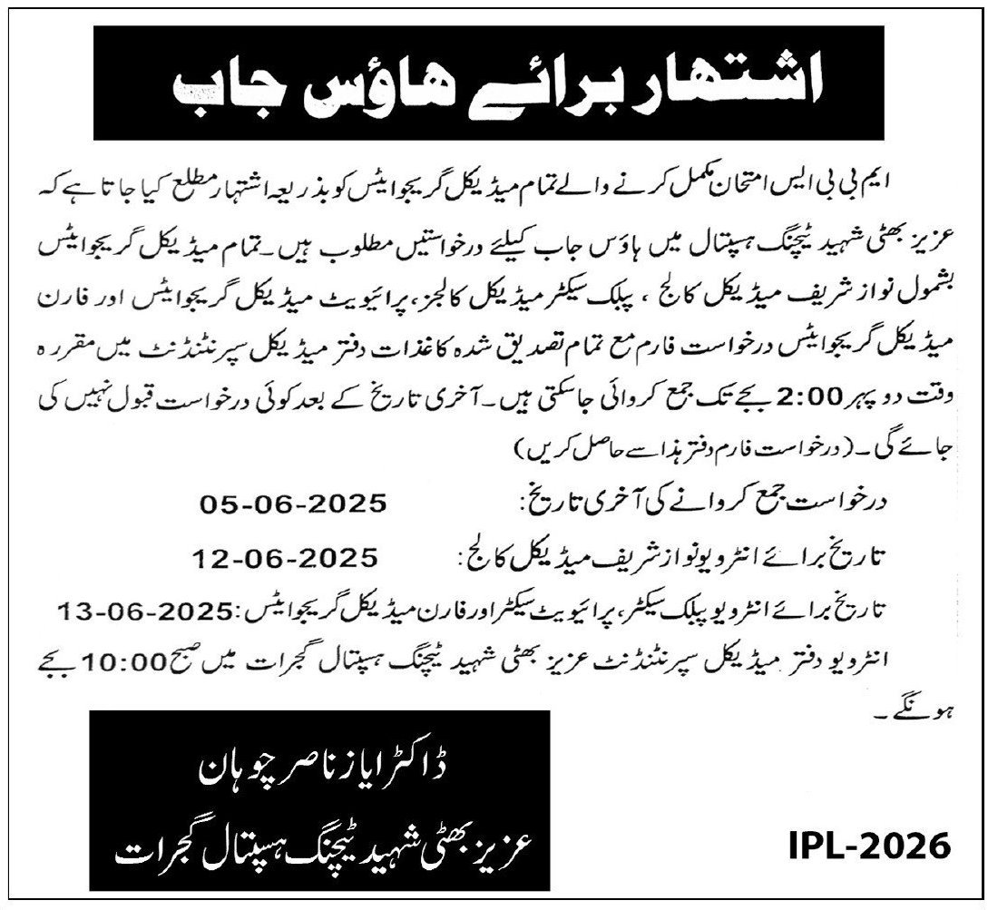 Aziz Bhatti Shaheed Teaching Hospital House Jobs 2025 Jobs 2025 — original advertisement