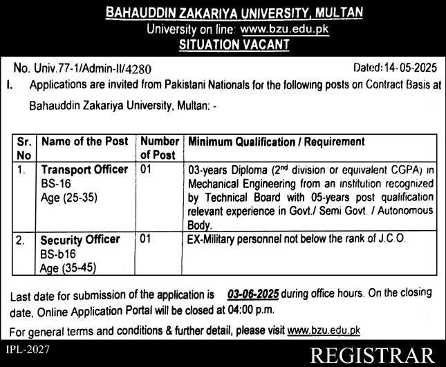 Bahauddin Zakariya University BZU Multan Jobs 2025 – Bahauddin Zakariya University Multan Jobs 2025 — original advertisement