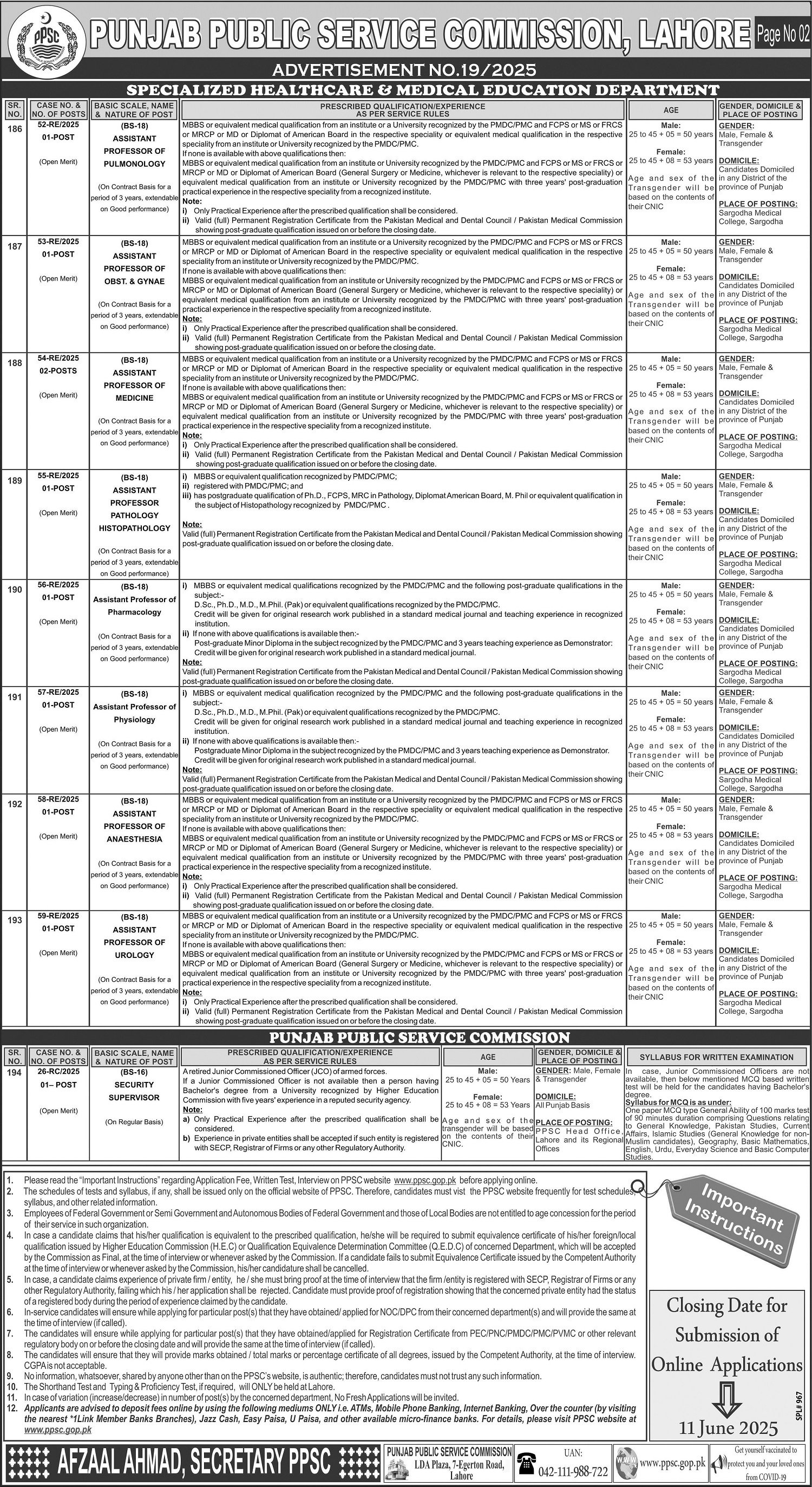 Punjab Public Service Commission PPSC Jobs 19/2025 – Punjab Public Service Commission Lahore Jobs 2025 — original advertisement