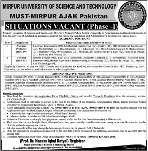 Mirpur University Of Science And Technology MUST Jobs 2025 – The University Mirpurkhas Jobs 2025 — original advertisement