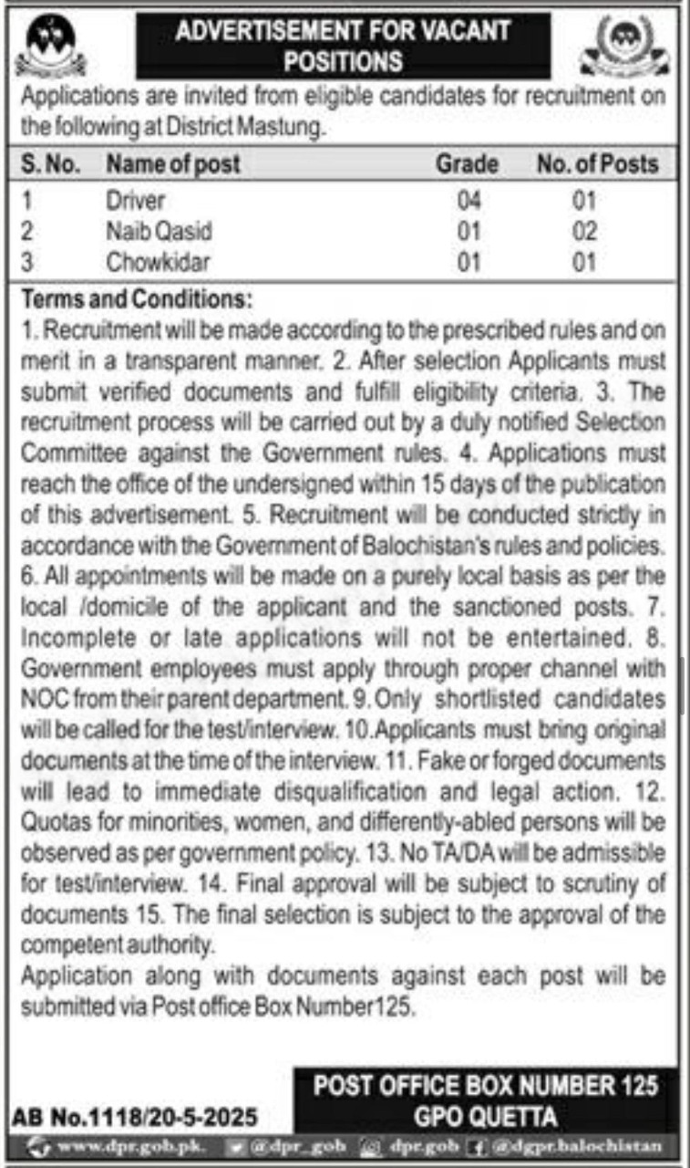 Public Sector Organization Mastung Jobs 2025 Jobs 2025 — original advertisement