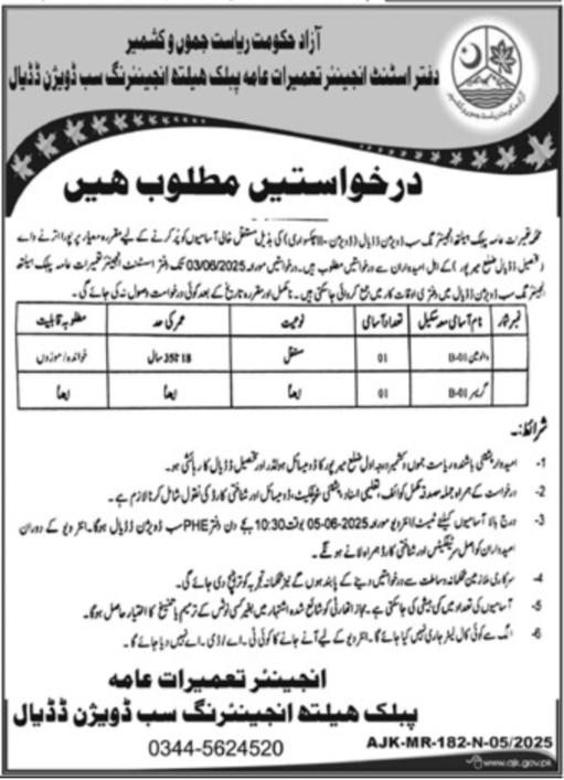 Public Health Engineering Sub Division Dadyal Jobs 2025 – Public Health Nursing Mirpur Azad Kashmir Jobs 2025 — original advertisement