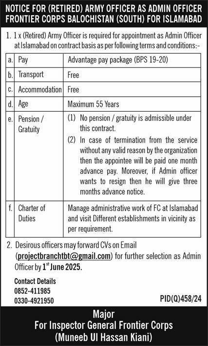 Frontier Corps FC Balochistan South Islamabad Jobs 2025 – Frontier Corps (South) Balochistan Jobs 2025 — original advertisement
