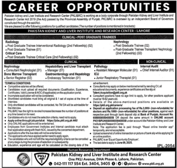 Pakistan Kidney And Liver Institute And Research Centre Jobs – Pakistan Kidney And Liver Institute (PKLI) And Research Centre Lahore Jobs 2025 — original advertisement