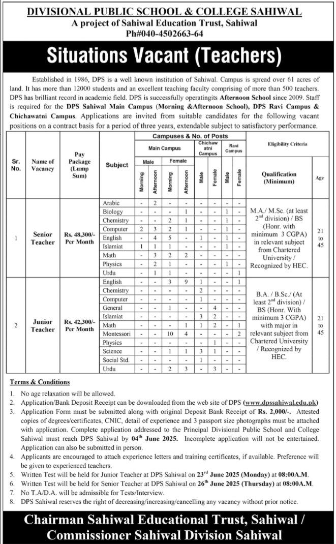 Divisional Public School & College DPS Jobs 2025 – Divisional Public School and College Jobs 2025 — original advertisement