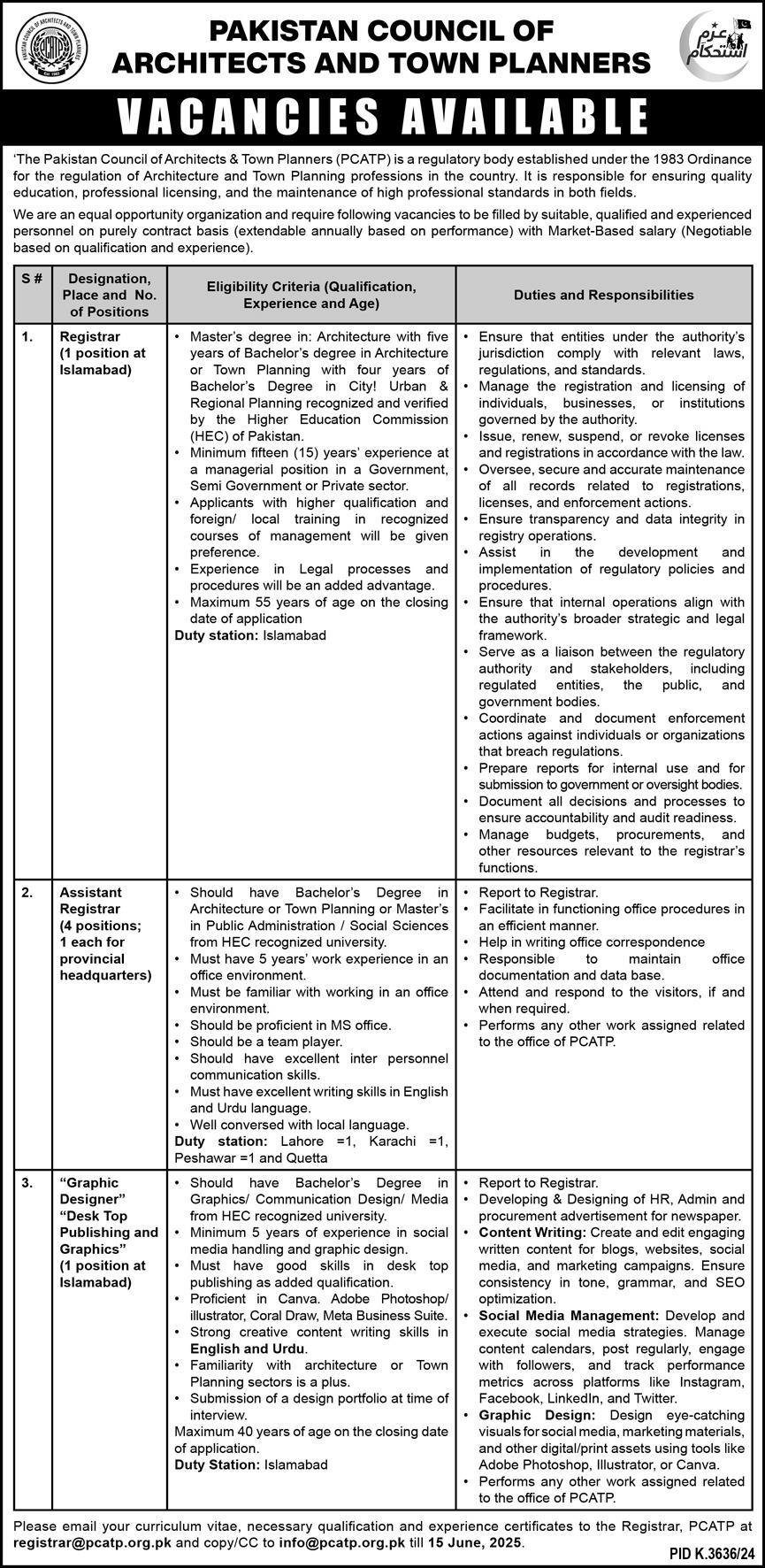 Pakistan Council Of Architect & Town Planners Jobs 2025 – Pakistan Council of Architects & Town Planners PCATP Jobs 2025 — original advertisement