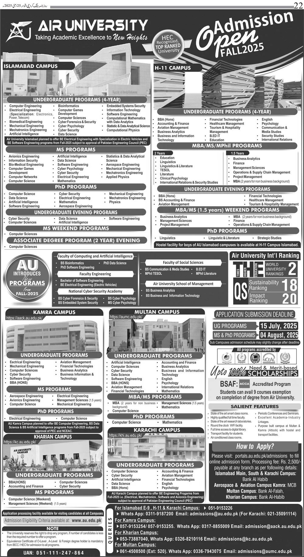 Admission Open in Air University Karachi Campus 2025 – Air University Multan Campus Admissions 2025 — original advertisement