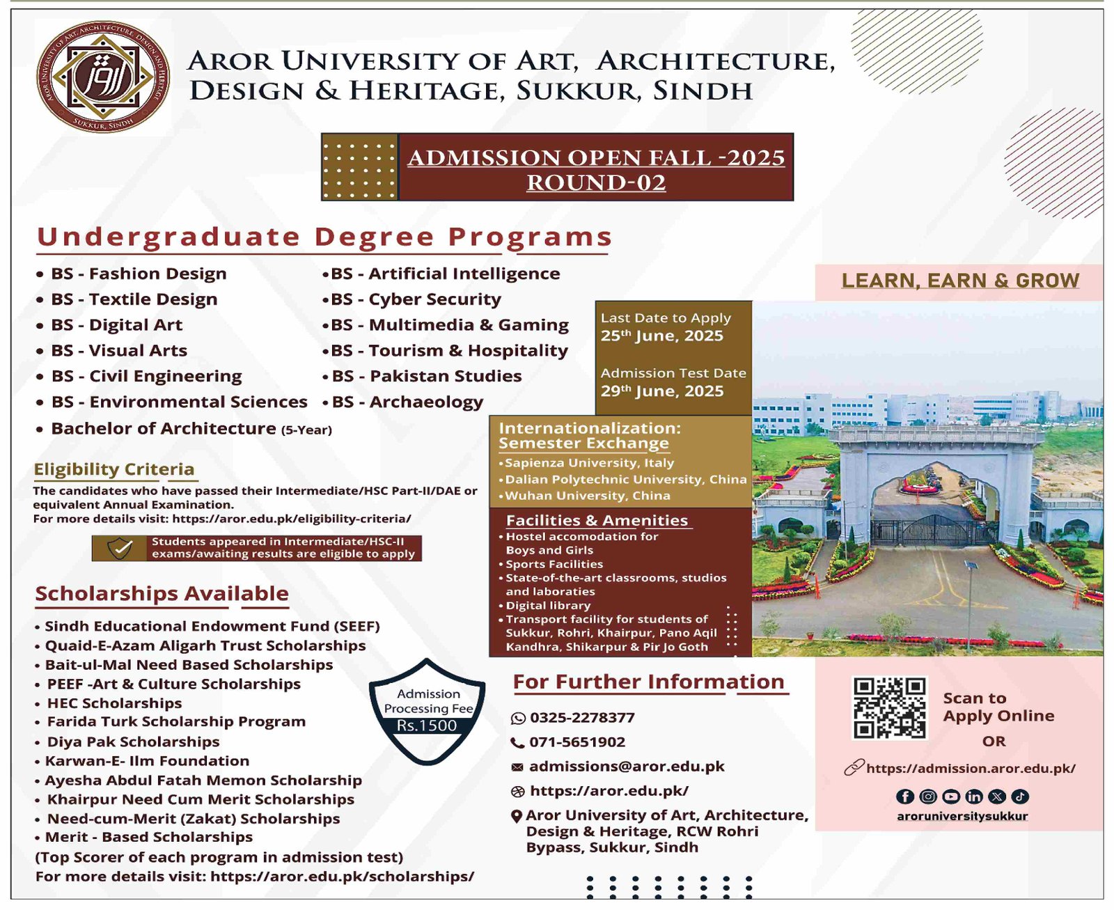 Admission Open in Aror University of Art Architechure 2025 – Aror university of Art Architecture Design & Heritages Sukkur Admissions 2025 — original advertisement