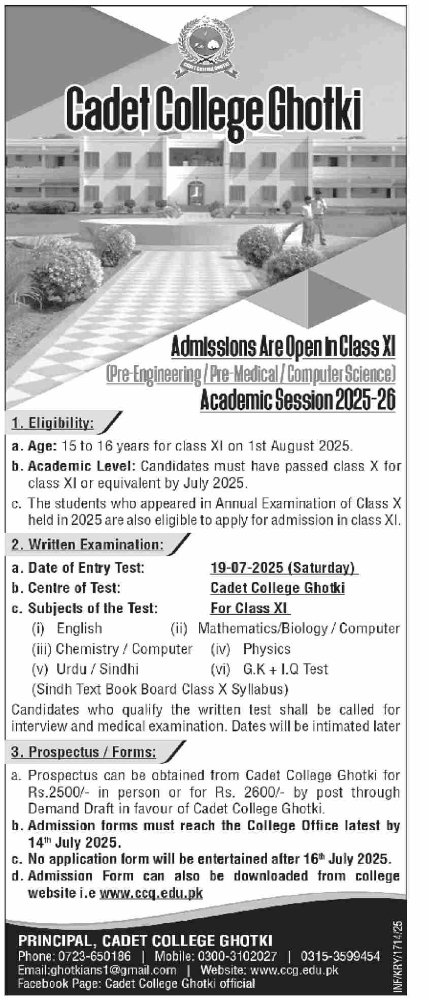 Admission Open in Cadet College Ghotki Sindh 2025 Admissions 2025 — original advertisement