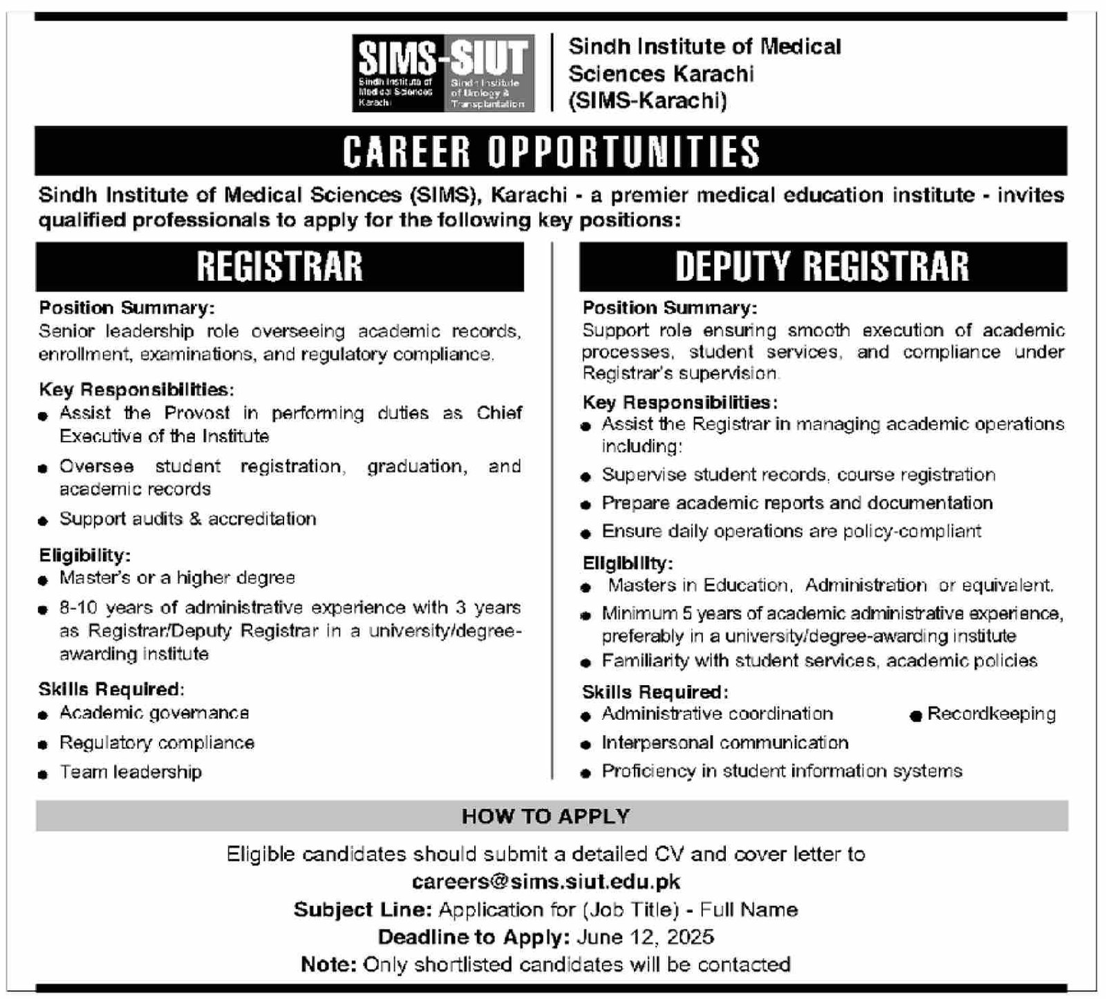 Sindh Institute Of Medical Sciences karachi Sindh Jobs 2025 – Sindh Institute of Physical Medicine and Rehabilitation Jobs 2025 — original advertisement