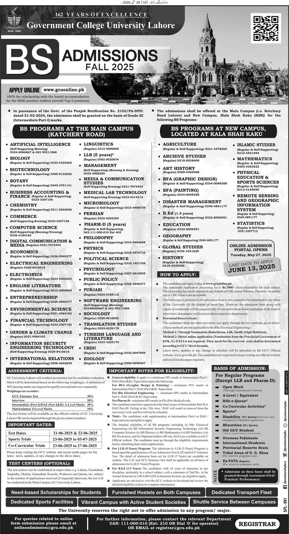 Admission Open in Government College University Lahore 2025 Admissions 2025 — original advertisement