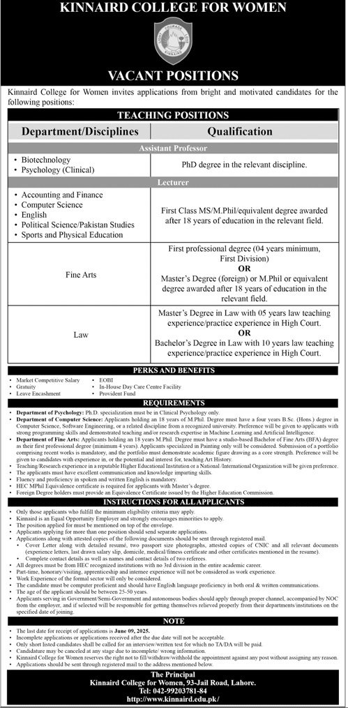 Punjab Kinnaird College for Women Lahore Jobs 2025 Jobs 2025 — original advertisement
