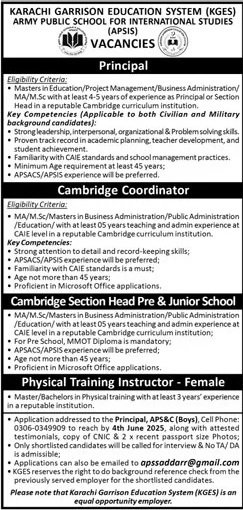 Army Public School For International Studies Jobs 2025 – Army Public School & College Paksitan Jobs 2025 — original advertisement