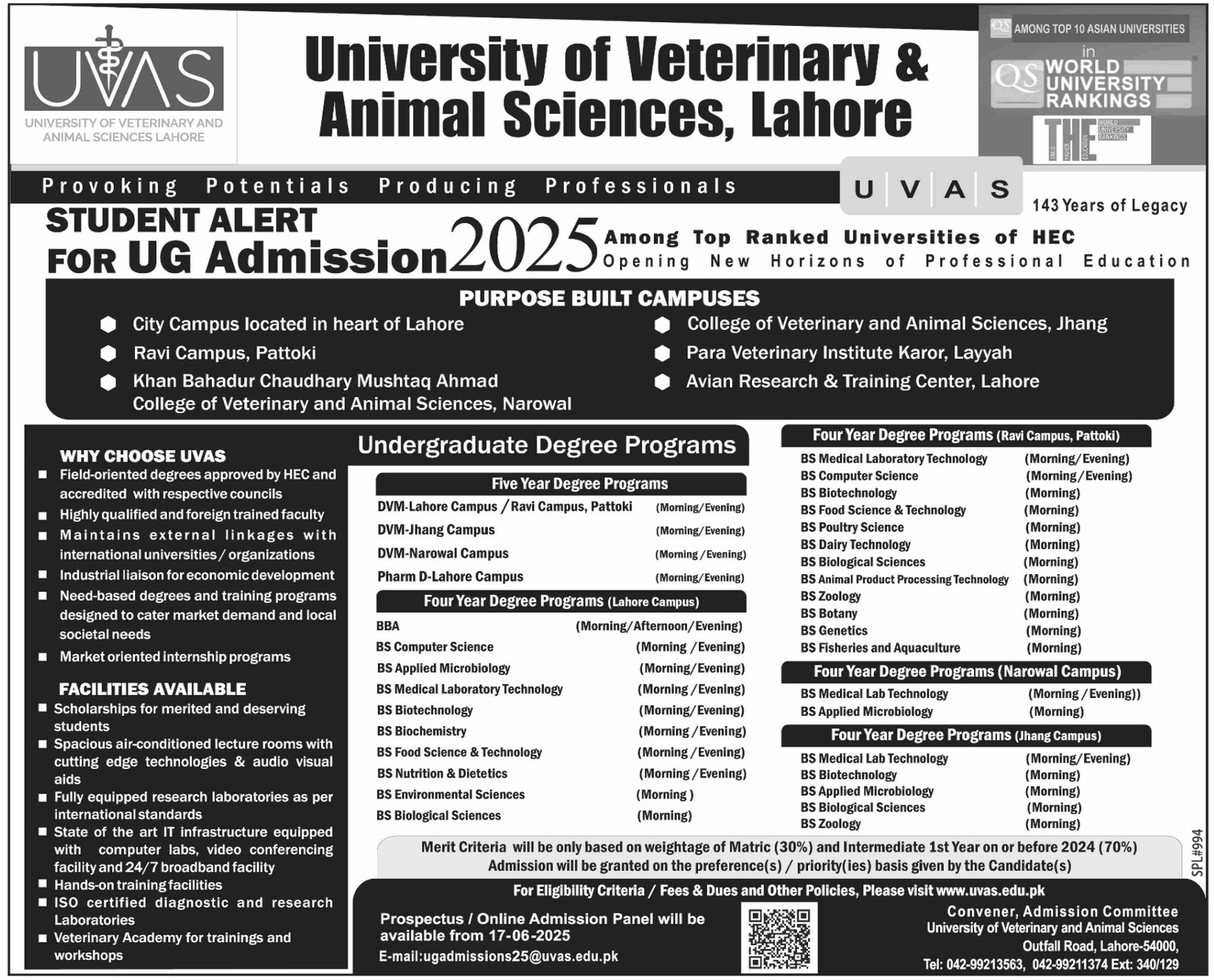 Admission Open in University of Veterinary And Animala Scinc – University of Veterinary and Animal Sciences Lahore Admissions 2025 — original advertisement