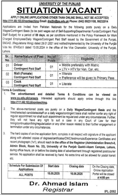University of Punjab Lahore Jobs 2025 Jobs 2025 — original advertisement