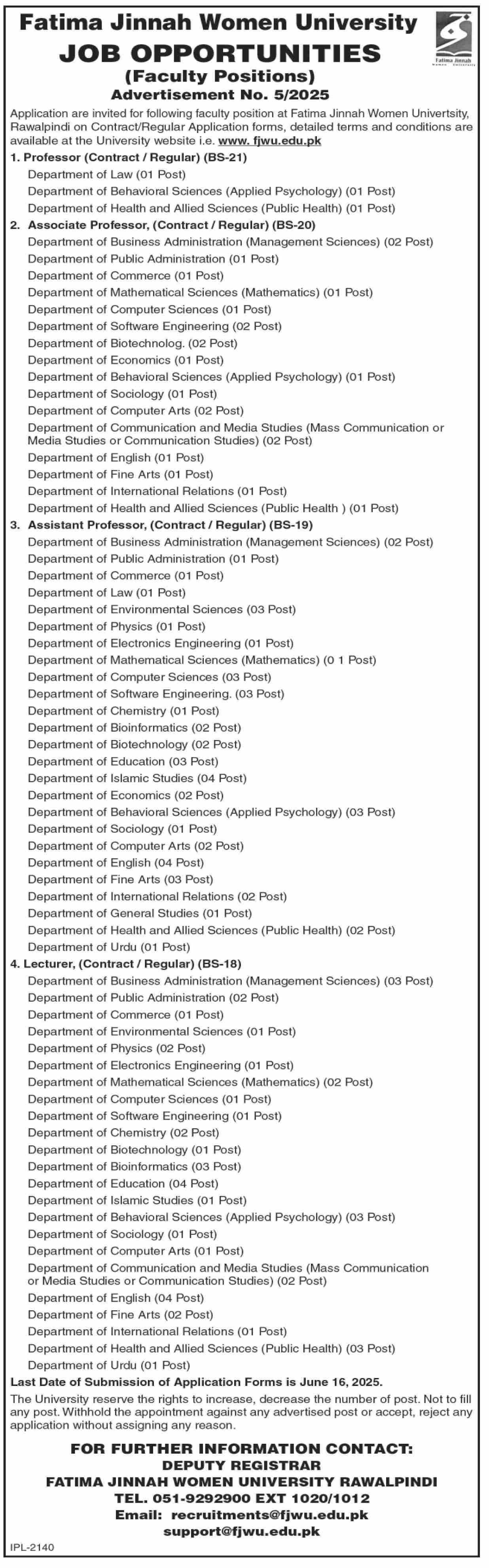 Fatima Jinnah Women University Rawalpindi Jobs 2025 Jobs 2025 — original advertisement