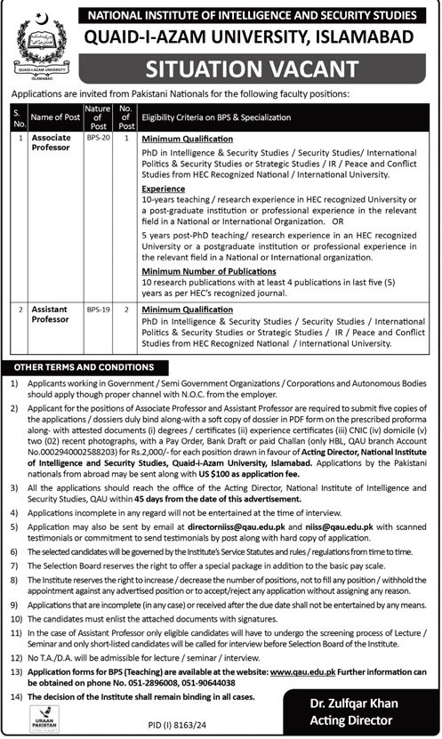 Quaid i Azam University Islamabad Jobs 2025 – Quaid-i-Azam University, Islamabad , Pakistan Jobs 2025 — original advertisement