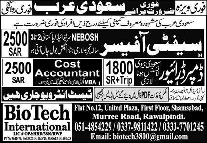 Sefety Officer And Dumper Driver Jobs in Saudia Arabia 2025 – Bio Tech International Overseas Promoter Jobs 2025 — original advertisement