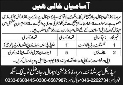 Sarwar Foundation Hospital Rajana Jobs 2025 For Radiologist Jobs 2025 — original advertisement