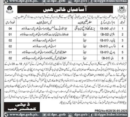 Deputy Commissioner Office Hub Balochistan Jobs 2025 – Revenue Department Balochistan Jobs 2025 — original advertisement