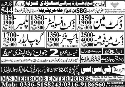 Ducket Man And Plumber Jobs in Saudia Arabia 2025 – GCC Techni Test & Training Center Telecom Jobs 2025 — original advertisement
