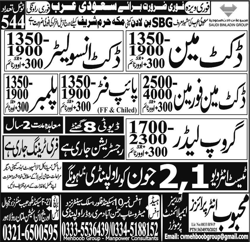 Ducket Man And Group Leader Jobs in Saudia Arabia 2025 – Mehboob Enterprises Overseas Employment Promoters Jobs 2025 — original advertisement