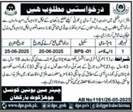 Union Council Chohar Kot Barkhan Jobs 2025 Jobs 2025 — original advertisement