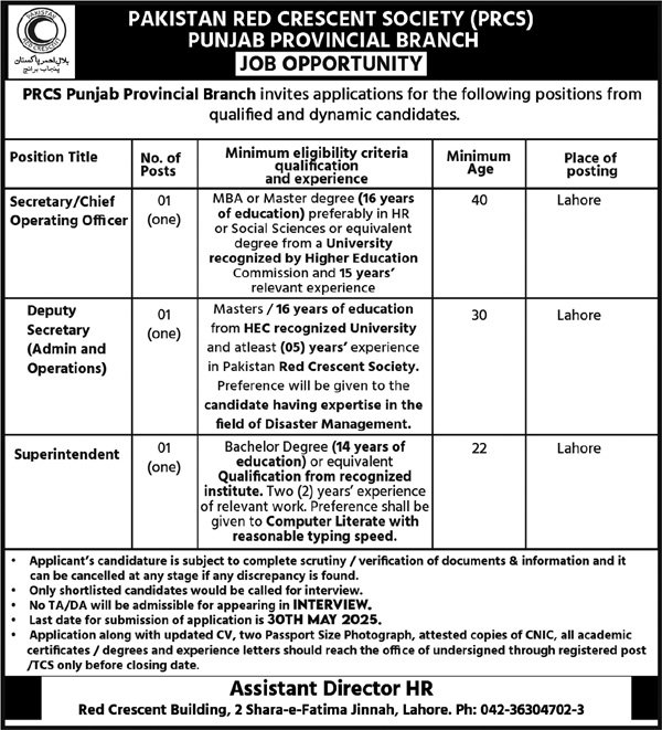 Pakistan Red Crecent Society Lahore Jobs 2025 – Pakistan Red Crescent Society Jobs 2025 — original advertisement