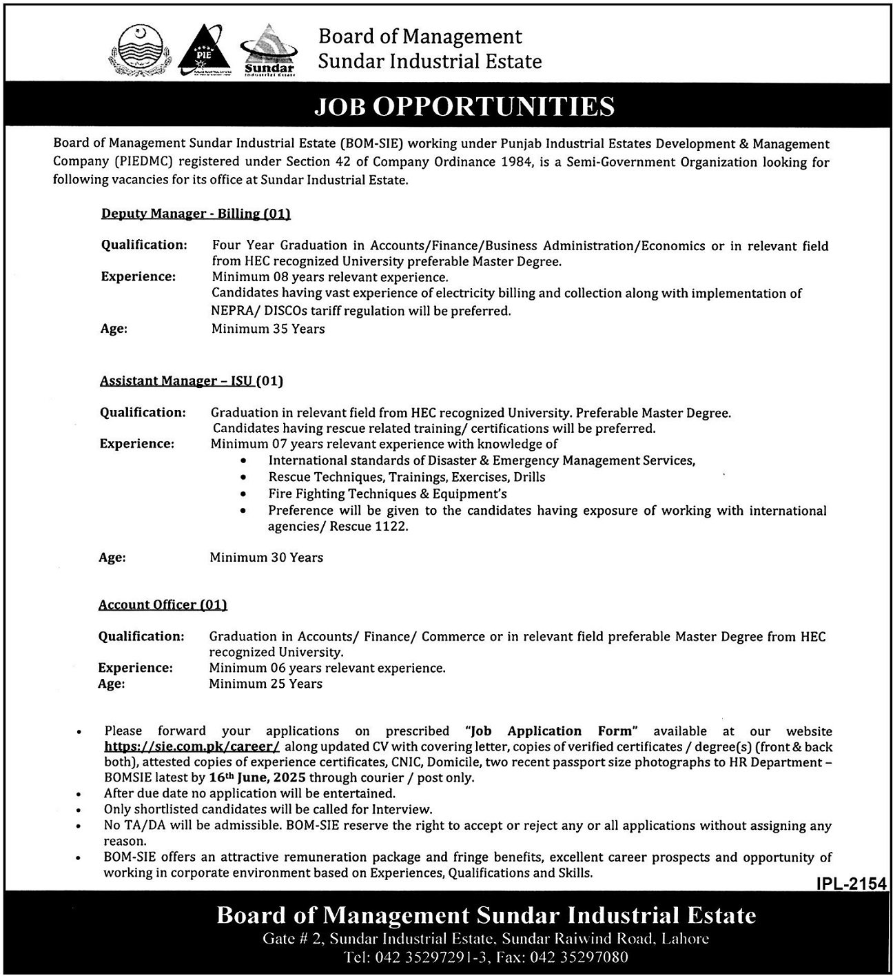Board Of Management Sundar Industrial Estate SIE Jobs 2025 – Board Of Intermediate and Secondary Education Rawalpindi Jobs 2025 — original advertisement