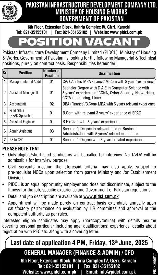 PIDCL Pakistan Infrastructure Development Company Jobs 2025 – Private Company Jobs 2025 — original advertisement