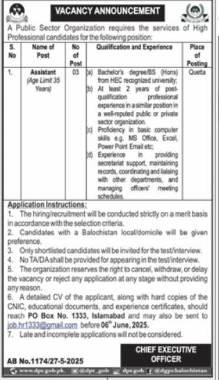 Public Sector Organization Quetta Job 2025 Jobs 2025 — original advertisement