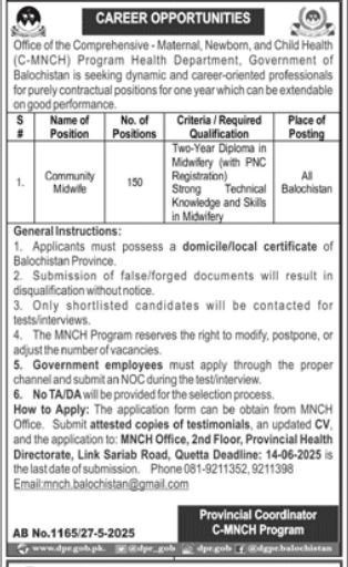 Comprehensive Maternal Newborn & Child Health C-MNCH Job – Health Department Balochsitan Jobs 2025 — original advertisement