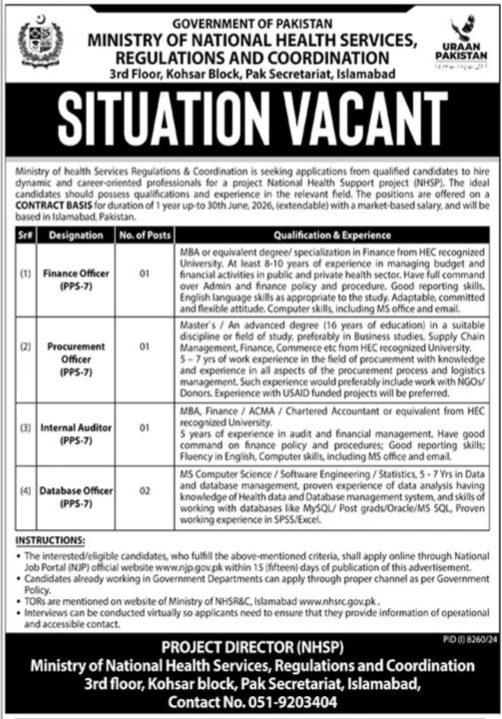 Ministry Of National Health Services Islamabad Jobs 2025 – Ministry of National Health Services Regulation and Coordination Jobs 2025 — original advertisement