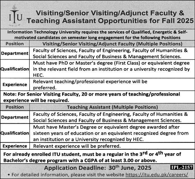 Information Technology University ITU Lahore Jobs 2025 – Information Technology University of the Punjab Lahore Jobs 2025 — original advertisement
